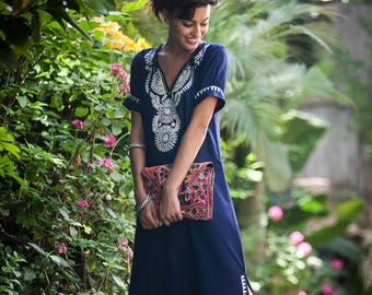 Dark Blue Kaftan Dress, Boho Moroccan Caftan, Ethnic Embroidery Maxi Dress, Hippie Abaya Oversize Women's Dress, Plus size Long Batya Dress
