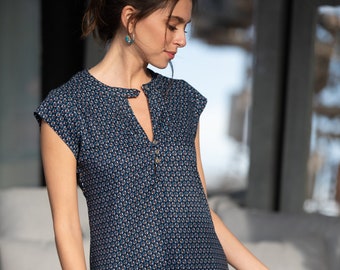 Dark Blue Women Short A Line Boho Chic Cap Sleeves Summer Dress, Loose Knee Length Shirt Collared Dress - "Bonita" dress