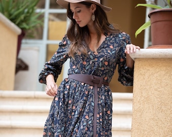 Women Blue Below the Knee Long Sleeves Loose Winter Dress, Flared Tiered Boho Chic Hippie Urban Everyday "Lorie" Dress - size XS to 2XL