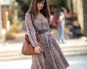 Brown Small Floral Print Flared Mid Calf Dress, Bohemian Puffed Long Sleeves Urban Dress, Tea Length High Waist "Camilla" Dress