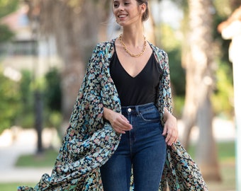 Women Black and Turquoise Floral Oversize Kimono, Bohemian Silky Cardigan Top, Trendy Boho Chic Kimono Robe, Wrap Shawl Long Stylish Robe