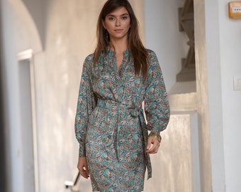 Paisley Turquoise Boho Chic Long Sleeves Shirt Dress, Short Loose Knee Length V Collared Tunic Dress, 'Mona' Dress with Pockets and Belt