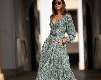 Boho Floral Wrap Maxi Dress: Olive Green Cotton Summer Dress - Etsy