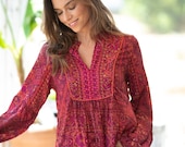 Red Paisley Print Blouse: Bohemian Puffed Sleeve Top
