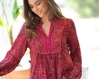 Red Bordeaux Bohemian Ethnic Puffed Sleeves Oversize Top for Women, Long Sleeves Paisley Print Blouse