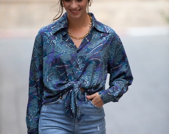 Blue Purple and Gold Sparkling Printed Boho Chic Buttoned Collared Shirt for Women, Long Sleeves Work Blouse, Boho Chic Buttoned Top