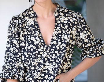 Boho Floral Rayon Blouse: Black Cream Print, Puffed Sleeves