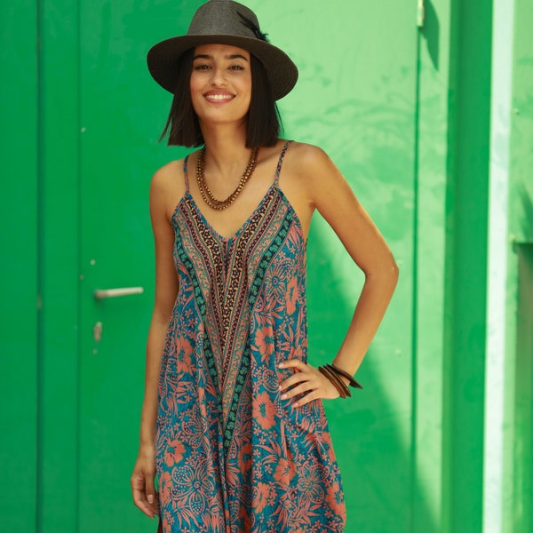 Mid Calf Harem Jumpsuit para mujer, ropa de vacaciones de verano, seda sin mangas en general, vestido de jersey de mujer, boho floral especial evento mono