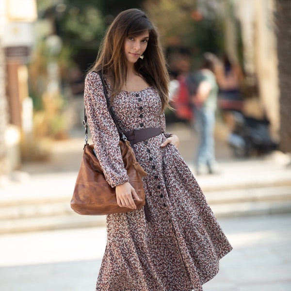 Brown Small Floral Print Flared Mid Calf Dress, Bohemian Puffed Long Sleeves Urban Dress, Tea Length High Waist "Camilla" Dress