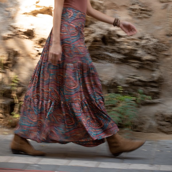 Terracotta Paisley Urban-Hippie Maxi Skirt, Boho Chic Gypsy High Waist Skirt, All Year Tiered Skirt, Frill Maxi Skirt