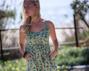 Light Green Summer Fit and Flare Mid-Calf Dress, Floral Sleeveless Boho Chic "Isabella" Circle Dress, High Waist Flower Print Dress