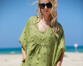 Lime Green Gold Oversize Caftan Dress, Ethnic Beach Resort Summer Dress, Boho Loose "Petra" Charterause Mid-Calf Dress, Plus Size Dress