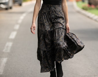 Black and Gold Sparkly Tiered Gypsy Evening Maxi Skirt, Hippie Bohemian Long Skirt, High Waist Maxi Skirt, Women Skirt for Special Occasions