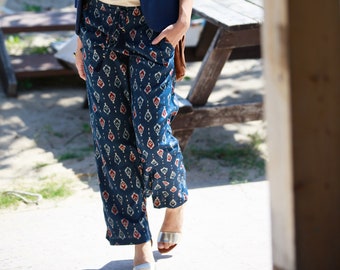 Navy Blue & Gold Embellished Wide Leg Pants, Stylish Jogger Casual Trousers with Pockets Tie String, High Waist Boho Chic Trousers