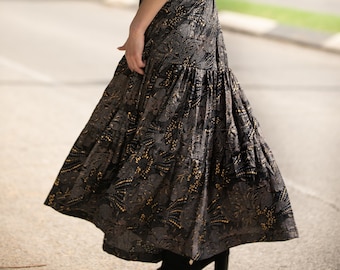 Women Gypsy Black & Gold Tiered Maxi Skirt, Flared Boho Chic High Waisted or Low Cut Evening Urban Long Skirt, A-Line Bohemian Skirt