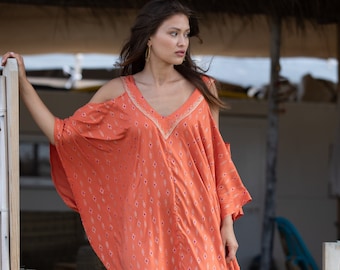 Oversize Cold Shoulder Short Beach Resort Dress, Burnt Orange & Gold Loose Summer Dress, Deep Open Back Cut Out Vacation "Michelle" Dress