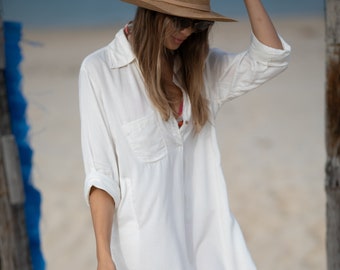 Cream Beach Tunic Dress, Long Sleeves Cover Up Dress, Shirt Collared Dress for Women, Vacation Resort Long Sleeves Dress