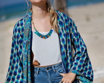 Colorful Blue Boho Chic Lightweight Double-Sided Kimono Cardigan, Autumn Reversible Cover-Up, Casual Flare oversize jacket, Wide Sleeve Robe