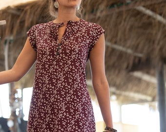 Brown Rayon Mini Dress: Bohemian Shirt Dress with Cap Sleeves