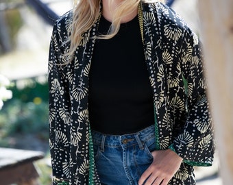 Black Bohemian Boho Chic Lightweight Double-Sided Kimono Cardigan, Reversible All Year Women's Cover-Up, Flare Wide Sleeve Oversize Jacket