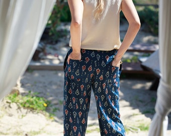 Navy Blue & Gold Embellished Wide Leg Pants, Stylish Jogger Casual Trousers with Pockets Tie String, High Waist Boho Chic Trousers