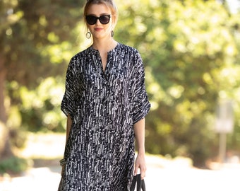 Black & White Oversized Caftan Dress with Pockets, Streetwear Urban Kaftan, Summer Plus size Buttoned Down Maxi Dress