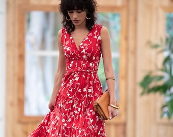 Dunkelrotes florales Boho-Chic-Sommer-Maxikleid, Damen-Empire-Taille-Sonnenkleid, Alltags-/besonderer Anlass, ärmelloses Rüschen-„Carrie-Kleid“