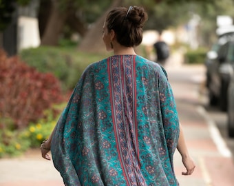 Turquoise Oversize Kimono Robe, Boho Chic Silky Cardigan Top, Trendy Kimono Cover Up, Summer Wrap Long Stylish Kimono Jacket