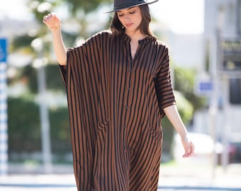 Brown Black Striped Oversize Summer Kaftan Dress, Bohemian Trendy Buttoned Down Caftan Maxi Dress with Pockets