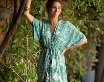 Aqua Silky Kaftan Summer Dress, Light Turquoise Women Resort Vacation Beach Dress, Long Ethnic Loose Hippie Wide Sleeves Dress