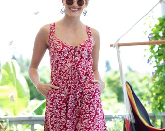 Red White Floral Boho Chic Summer Maxi Length Dress, Sweetheart Neck "Isabella" Flared Dress with Pockets, Women Vacation Bold Dress