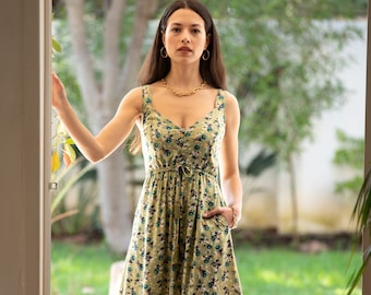 Green Tea Summer Maxi Dress, Floral Sleeveless Dress, Bohemian Romantic Everyday "Isabella" Skater Dress with Pockets, Fit and Flare Dress