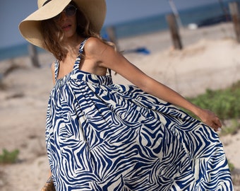 Blue and Cream Oversize Summer Resort Vacation Flowy Maxi Dress, Women Bohemian Trendy Long Dress, Zebra Print Dress
