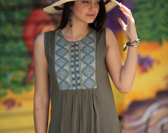 Olive Green Ethnic Short Casual Dress, Embroidered Loose Summer Dress, Sleeveless Embroidery Bohemian Dress - Tamara Dress