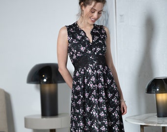 Black Floral Print Romantic Buttoned Up Boho Chic Maxi Dress, Women Summer Sleeveless Formal Dress, "Mango Dress" with Pockets