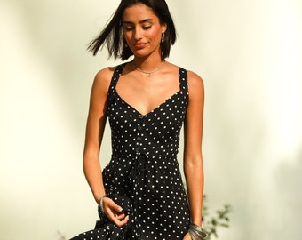 Black and White Polka Dots Fit and Flare Summer Sweetheart Neckline Fashionable Stylish Maxi Dress - "Isabella" Dress