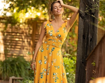 Yellow Mustard Sleeveless Maxi Dress, Urban Floral Empire Waist Summer Dress, Bohemian Long Dress, V Neck Maxi Dress