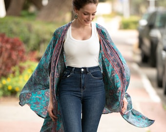 Multicolor Oversize Kimono Robe, Bohemian Flowy Silky Kimono Cardigan, Everyday Cover Up, Summer Long Kimono Jacket