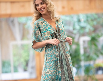 Turquoise Gold Floral Silky Kaftan Summer Dress, Women Resort Vacation Beach Dress, Long Ethnic Bohemian Loose High Waist Draw String Dress