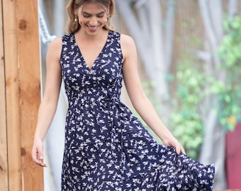 Dark Blue Floral Romantic Summer Maxi Dress, Navy Blue Bohemian Floor Length "Carrie" Dress, Circle Flared Mid Day V Neck Dress, Open Back