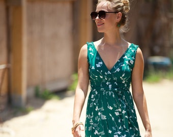 Green Maxi Dress, Fit and Flare High Waist Hippie Urban Evening & Day Summer Dress, Boho Romantic Floral "Carrie Dress"