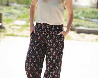 Relaxed Wide Leg Comfy Chocolate Dark Brown Summer Pants, High Waist Gold Embellished Pants, Loose Summer Trousers, Boho Chic Palazzo Pants