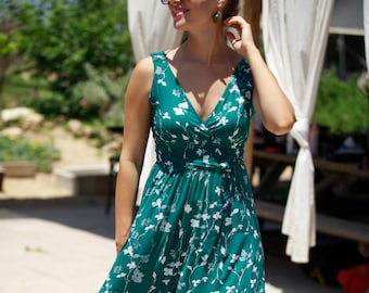 Emerald Green Maxi Dress, Fit and Flare High Waist Hippie Urban Evening & Day Summer Dress, Boho Romantic Floral &quot;Carrie Dress&quot;