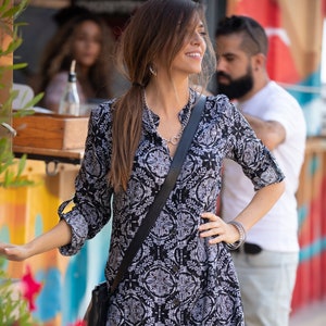 Women Maxi Dress With Long Sleeves, Black & White Geometric