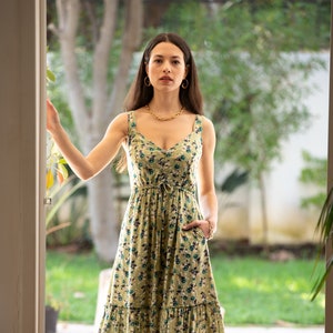Green Tea Summer Maxi Dress, Floral Sleeveless Dress, Bohemian Romantic Everyday "Isabella" Skater Dress with Pockets, Fit and Flare Dress