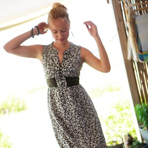 Olive Green Boho Chic Floral Maxi Dress, Chinese Collar Sleeveless Urban Dress, Romantic Fit and Flare High Waisted Summer &quot;Mango&quot; Dress