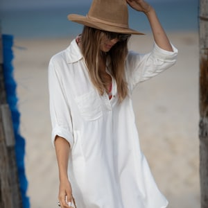 Cream Beach Tunic Dress, Long Sleeves Cover Up Dress, Shirt Collared Dress for Women, Vacation Resort Long Sleeves Dress image 1