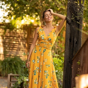 Yellow Mustard Sleeveless Maxi Dress, Urban Floral Empire Waist Summer Dress, Bohemian Long Dress, V Neck Maxi Dress