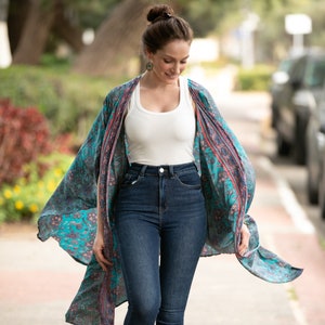 Mehrfarbige Oversize Kimono Robe, Boho Flowy Seidige Kimono Strickjacke, Alltags Cover Up, Sommer Lange Kimono Jacke