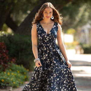 Navy Blue Floral Maxi Dress, Sleeveless Urban Dress, Dark Blue Evening Dress, Unique Bridesmaid Summer Boho Maid of Honor Carrie Maxi Dress